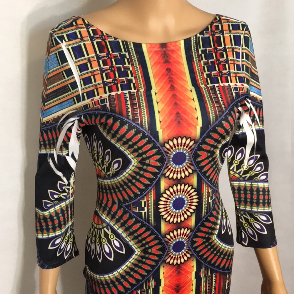 Colorful Tribal Print Bodycon Low-Back Dress - Picture 5 of 16